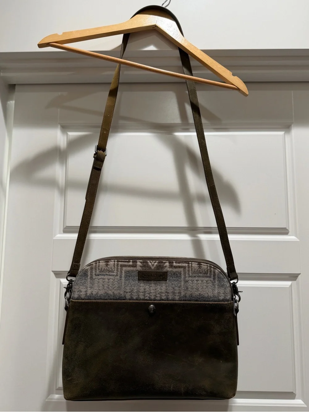 Pendleton Olive Leather and Patterned Wool Crossbody Bag